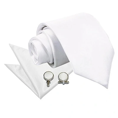 Image of DQT Men Plain Satin 9cm Wide Tie + Pocket Square &amp; Cufflinks Set White