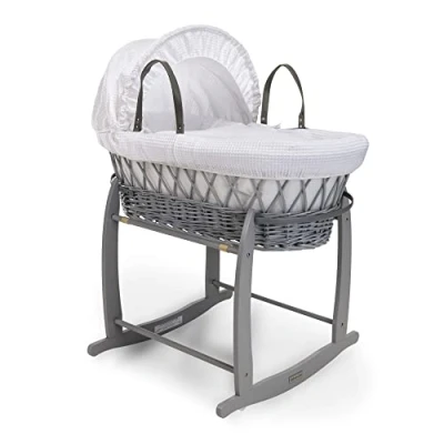 Image of Clair de Lune Waffle Grey Wicker Moses Basket &amp; Deluxe Rocking Stand Including 1x Adjustable, Removable Hood, 2x Carry Handles, Coverlet, And Firm, Hypoallergenic Fibre Mattress (White)