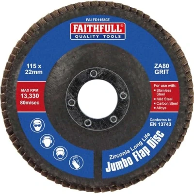 Image of Faithfull FAIFD11580Z Zirconia Abrasive Jumbo Flap Disc 115mm x 22mm MEDIUM