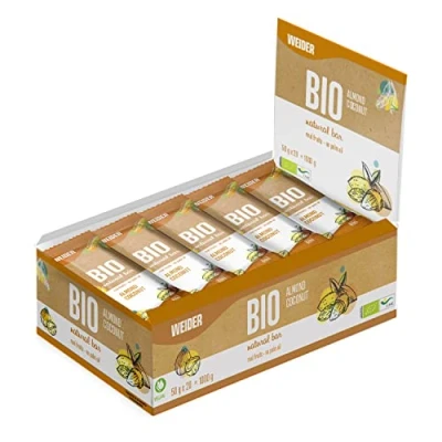 Image of Weider Bio Natural Bar (20 x 50g) Almond &amp; Coconut. High Energy Organic with real fruits and nuts. No palm oil. Vegan (1kg)