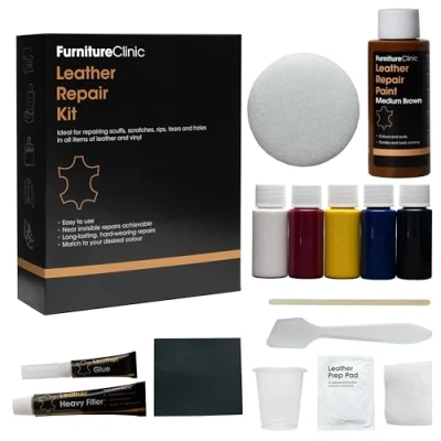 Image of Furniture Clinic Complete Leather Repair Kit (Med Brown) 12 Colour Options for Sofas, Car Seats Matches All Shades of Patch, Fill &amp; Touch up Scratches, tears and Other Damaged Areas