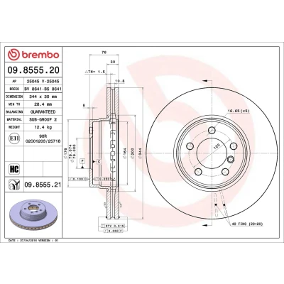 Image of SDB000200, SDB000201 Brake DISC BREMBO Coated LINE 09.8555.21 344mm 30mm 5 internally vented High carbon LAND ROVER: Range Rover 3