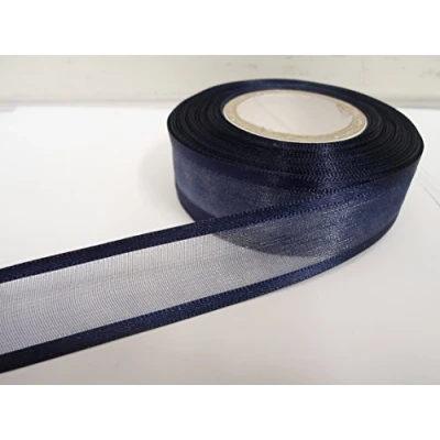 Image of 1 roll of 25mm Edged Organza Ribbon x 25 metres Navy Dark Blue Double Sided Satin Edge Sheer mm 2.5cm