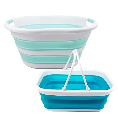 Image of SAMMART 2 pcs Set : 36L Collapsible Plasic Laundry Basket &amp; 9.2L with handle (Laundry Basket+Handy Basket, Bright Blue+Lake Green)