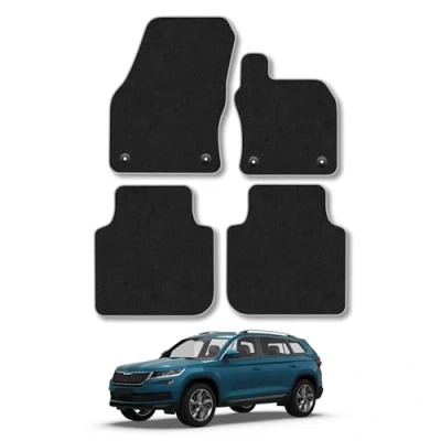 Image of Car Mats Compatible with Skoda Kodiaq (2016+) Tailored Fit Grey Trimmed Carpet Floor Mat Set Accessory Black Custom Fitted 4 Pieces Clips Anti Slip Backing &amp; Trim Edging