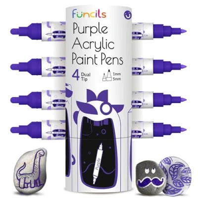 Image of 4 Dual Tip Purple Paint Pen Metallic Fine &amp; Medium Acrylic Markers Marker for Metal, Wood, Rock Painting, Canvas, Ceramic, Glass, Fabric, Leaf and Plastic Water based Ink