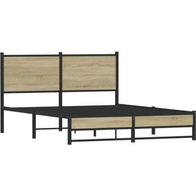 Image of vidaXL Metal Bed Frame with Headboard Sonoma Oak 140x200 cm Steel and Engineered Wood Base Bedstead Modern Design Extra Storage Space