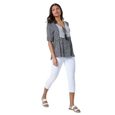 Image of Roman Originals Summer Top for Women UK Ladies Swing Tunic A Line Blouse Ladder Trim Shirt Spring Casual Smart Holiday Party Beach Cruise Gathered Waist Loose Work Black Size 16