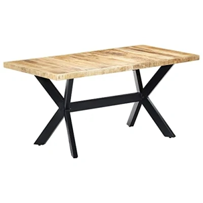 Image of vidaXL Industrial Dining Table Solid Rough Mango Wood Top with Heavy Duty Steel Legs and Cross Frame, Handcrafted, 160x80cm, Brown