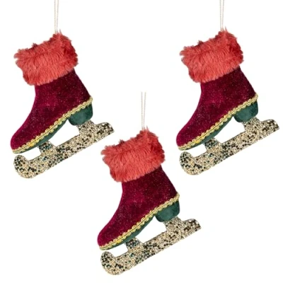 Image of 3Pcs Burgundy Mini Ice Skate Boots 11x12cm Christmas Hanging Decorations Festive Decorative Ornaments Fairy Tale Themed Xmas Tree Pendant