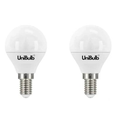 Image of Unibulb E14 LED Light Bulb, Small Edison Screw 4.2W 470lm, 40W Equivalent SES Warm White 2700K Golf Ball Energy Saving P45, 220 240V, Non Dimmable, Pack of 2