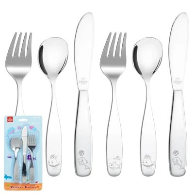 Image of Lehoo Castle Toddler Kids Cutlery Set, 6 Pcs Stainless Steel Travel Camping Baby Sets 2 x Forks, Spoons, Knives, Children&#039;s Dinner Knife and Fork (Ocean Park)