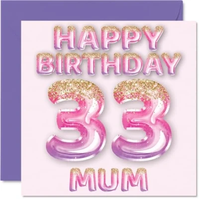 Image of 33rd Birthday Card for Mum Pink &amp; Purple Glitter Balloons Happy Cards 33 Year Old Mother from Son Daughter, 145mm x Bday Greeting Gift