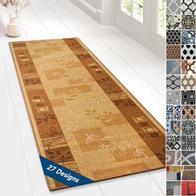 Image of Floordirekt Carpet Runner with Pattern Custom Made Fine Loop Rug for Kitchen, Hallway &amp; Living Room Ornament Vintage Orient Grid (80 x 200 cm, Accent Beige)