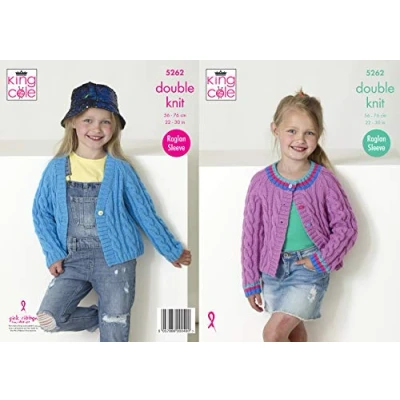 Image of King Cole 5262 Knitting Pattern Girls Raglan Cable Cardigans in Big Value DK