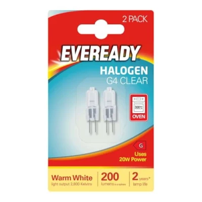 Image of 2 x Eveready G4 20W 12V Halogen Capsule Light Bulbs, Dimmable Lamps, 240 Lumen, 2000 Hours Life, Clear Finish