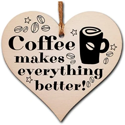 Image of Handmade Wooden Hanging Heart Plaque Gift for Coffee Lovers Novelty Funny Keepsake