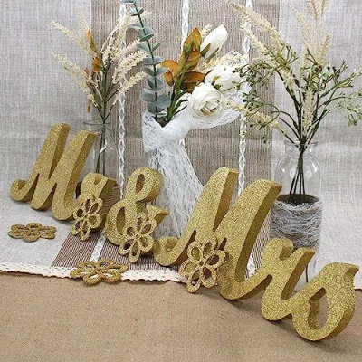 Image of JENSENER Mr &amp; Mrs Wooden Letters for Wedding Table, Silver Large Mr. and Mrs. Sweetheart Table Decoration, Mister Miss Wood Sign， Ms Present (Golden 2)
