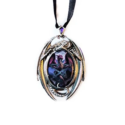Image of Lunar Magic Dragon Cameo Oval Cabochon Style Pendant Necklace in Setting with Diamond Shaped Stone at Top, Ribboned Artwork by Anne Stokes