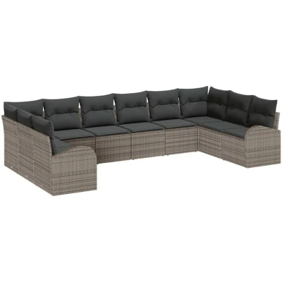 Image of vidaXL 10 Piece Garden Sofa Set with Cushions Grey Poly Rattan