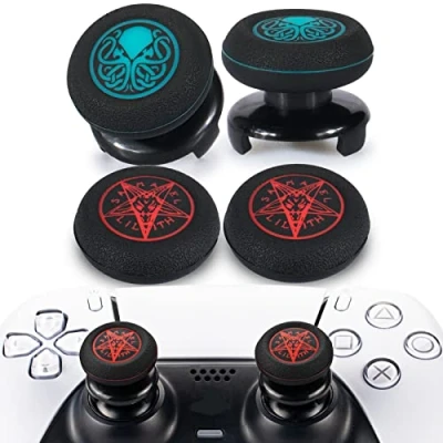 Image of Playrealm FPS Thumbstick Extender &amp; Printing Rubber Silicone Grip Cover 4 Sets for PS5 Dualsenese PS4 Controller (Cthulhu Abyss Blue&amp;Demon Circle)