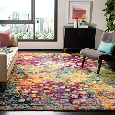 Image of SAFAVIEH Boho Chic Teppich für Wohnzimmer, Esszimmer, Schlafzimmer Monaco Collection, Kurzer Flor, Pink und Multi, 244 X 335 cm