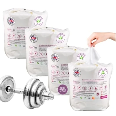 Image of Gymitize Gym Wipes, Alcohol Free, Antibacterial Antiviral Heavy Duty Surface Anti Bac Made in the UK, Wipes for Equipment, 4000 (Pack of 4)