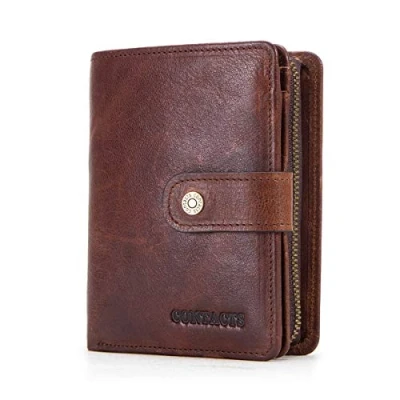 Image of Contacts Mens RFID Blocking Full Grain Leather Zipper Coin Pocket Purse Bifold Wallet (Dark Brown)