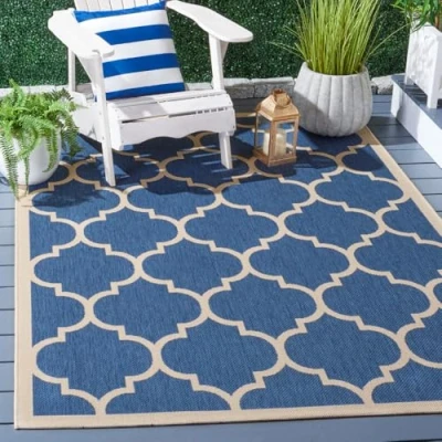 Image of SAFAVIEH Trellis Rug for Indoor &amp; Outdoor Courtyard Collection, Short Pile, in Blue and Beige color, 122 X 170 cm