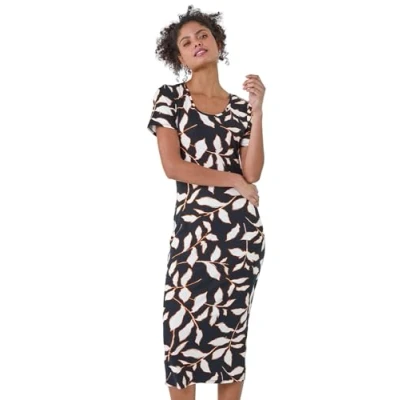 Image of Dusk Womens Leaf Print Midi Stretch Dress Black Size 8 UK