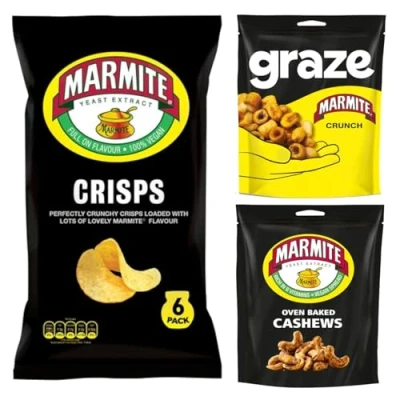 Image of Marmite Infused Savoury Snack Bundle Crisps,Crunch and Cashews Snacks With Walkers Crisps (6x25g) Graze Crunch (1 x 100g) Oven Baked 90g)