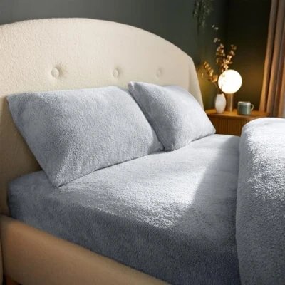Image of Silentnight Teddy Fleece Fitted Sheet Single Silver Bear Bottom Warm Cosy Fluffy Winter Deep Fitting with Elasticated Corners
