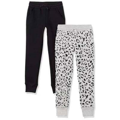 Image of Amazon Essentials Girls&#039; Joggers, Pack of 2, Black/Light Grey Heather Cheetah, 9 Years