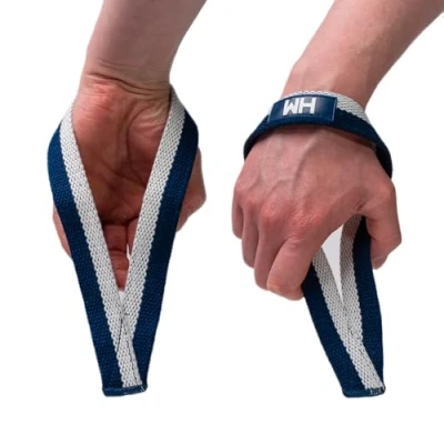 Image of Weightlifting House Wrist Straps for Olympic Weight Lifting, Bodybuilding, Snatch, Pulls and Deadlifts. Lifting Workout Wraps Men &amp; Women. (Blue White)