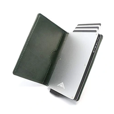 Image of Stealth Wallet RFID Card Holder Smart Minimalist Pop Up Wallets with Gift Box Slim Lightweight Metal Credit Holders for Men &amp; Contactless Protector (Silver Aluminium, Green Leather)