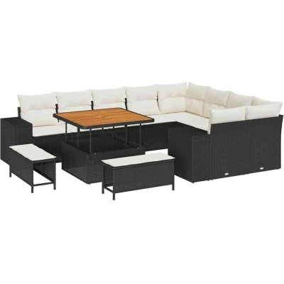 Image of vidaXL 12 Piece Garden Sofa Set with Cushions Black Poly Rattan Acacia