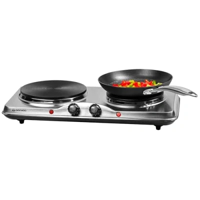 Image of Daewoo Stainless Steel Dual Hot Plate Portable &amp; Compact Cast Iron Heating Element On/Off Indicator Lights Non Slip Feet Durable Housing Black/Silver