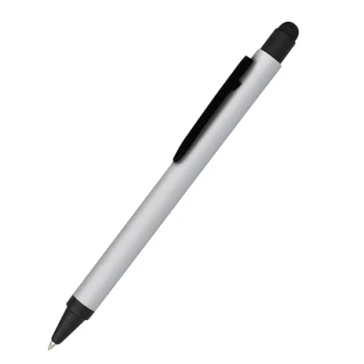 Image of Online ballpoint pen, retractable ball pen made out of aluminum, stylus tip, replaceable refill, premium writing experience with black colour, durable design, colour silver