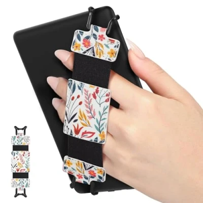 Image of MoKo Soft Hand Strap for 6 8&quot; Kindle eReaders Fire Tablet Kindle/Kobo/Voyaga/Lenovo/Sony E Book Tablet, Black High Elasticity Versatile Lightweight Finger Grip Holder, Flowers