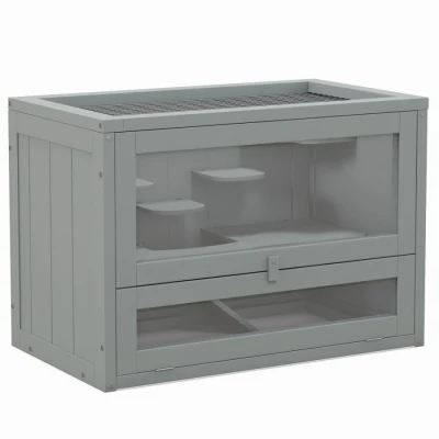 Image of PawHut Wooden Hamster Cage Mouse Mice Rodent Small Animals Hutch Exercise Play House 60 x 35 42cm, Grey