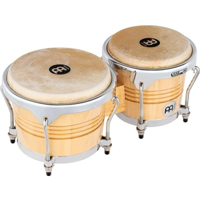Image of Meinl Percussion Bongos Wood Chrome 2 hand drums with 6.75 and 8 inches including tuning key Siam Oak, Natural high gloss (WB200NT CH)