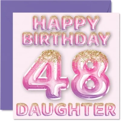 Image of 48th Birthday Card for Daughter Pink &amp; Purple Glitter Balloons Happy Cards 48 Year Old from Mum Dad Parents, 145mm x Bday Greeting Gift