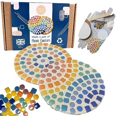 Image of Crafty You Me Mosaic Coasters Craft Kit (Rainbow Mix (Round)), Arts and Crafts Gifts for Beginners, Made in UK