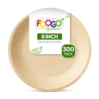 Image of FOOGO Green 300 Disposable Palm Leaf Plates, 8&quot;(20cm) Medium Round, Eco Friendly Biodegradable Compostable Like Wooden Bamboo Paper Plates for Hot Food, Picnic Party