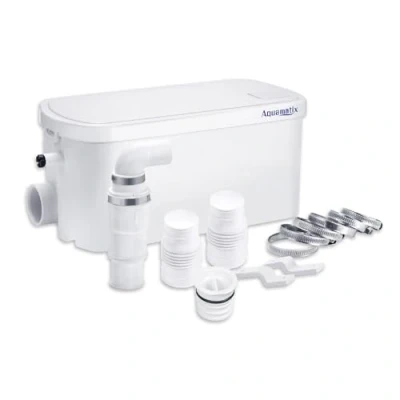 Image of Aquamatix Shower Pump 250W, Compact Sanitary Disposer, Drain 8 m Vertical Height, 100L/min for Showers and Sinks, 2 Inlets with Carbon Filter