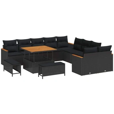 Image of vidaXL 13 Piece Garden Sofa Set with Cushions Black Poly Rattan Acacia