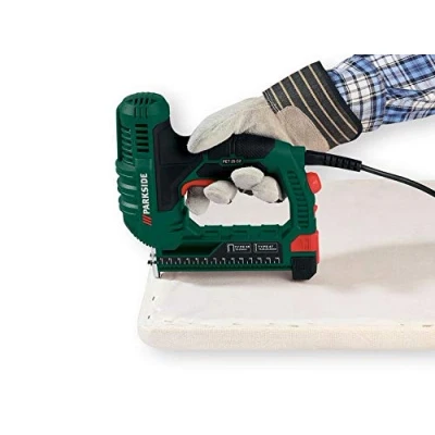 Image of Parkside Electric Tacker, Modern Style, Green, 500 Fasteners, 15 25mm Staples &amp; 15, 20, 25, 32mm Nails, Automatic Operation, Metal Material