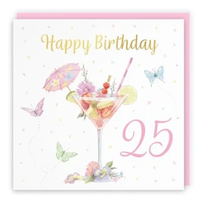 Image of Hunts England Pink Cocktail And Butterflies Elegant 25th Birthday Card Luxury Gold Foil Milo&#039;s Gallery Age 25 Female For Year Old Twenty Five Her