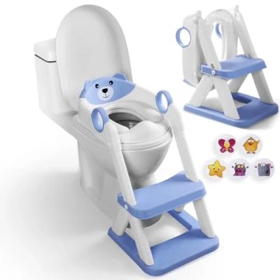 Image of EzyWay Potty Training Seat with Stickers, Upgraded Toddler Toilet for Kids Boys &amp; Girls, 2 in 1 Splash Guard Anti Slip Pad Step Stool (Blue)