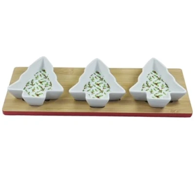 Image of Lesser &amp; Pavey Gift Item Serving Bowls Decorative Set in Christmas 3 Tree Shape Ceramic Snacks Dip Appetizer Olives Dishes on Tray Board